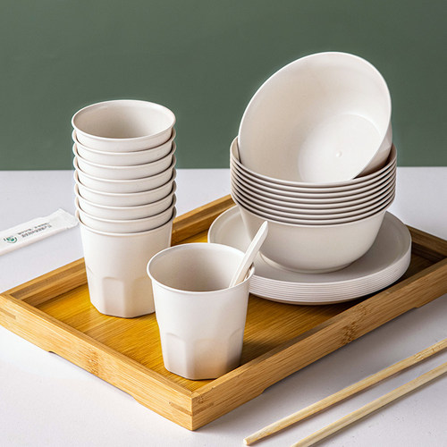 稻壳一次性餐具家用食品级碗筷环保可降解餐碟盘子杯勺聚餐四件套