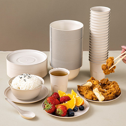 稻壳一次性餐具碗筷碟勺四件套家用食品级可降解微波加热聚会户外