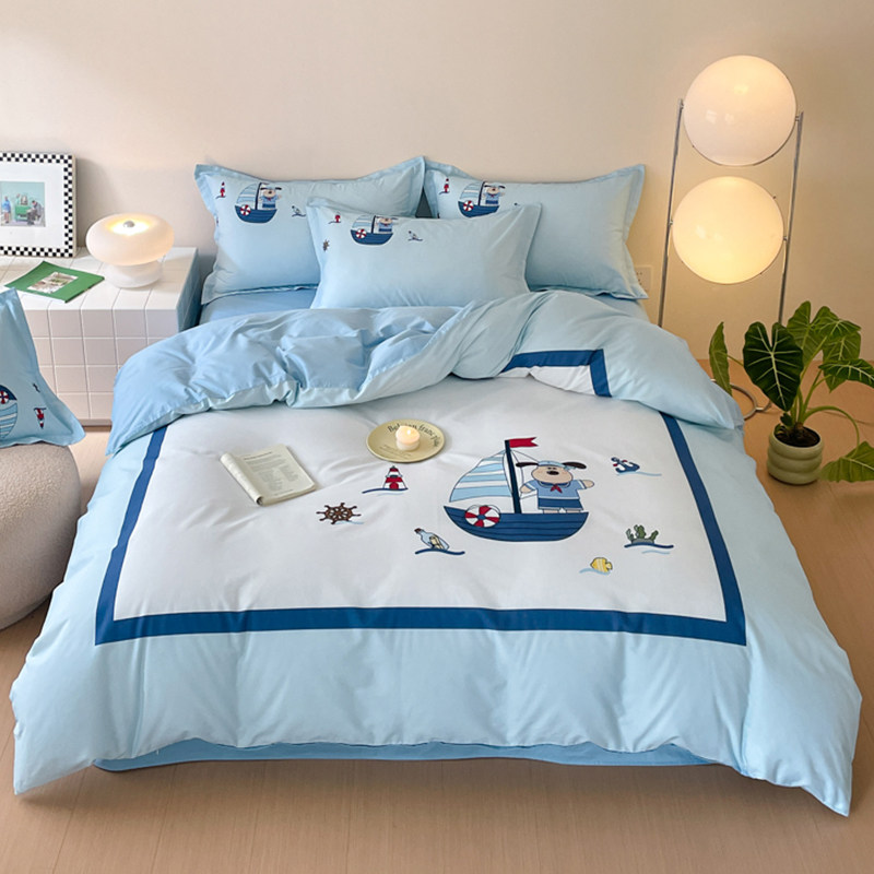海洋风纯棉四件套男童帆船全棉被套卡通三件套床单地中海风格床品