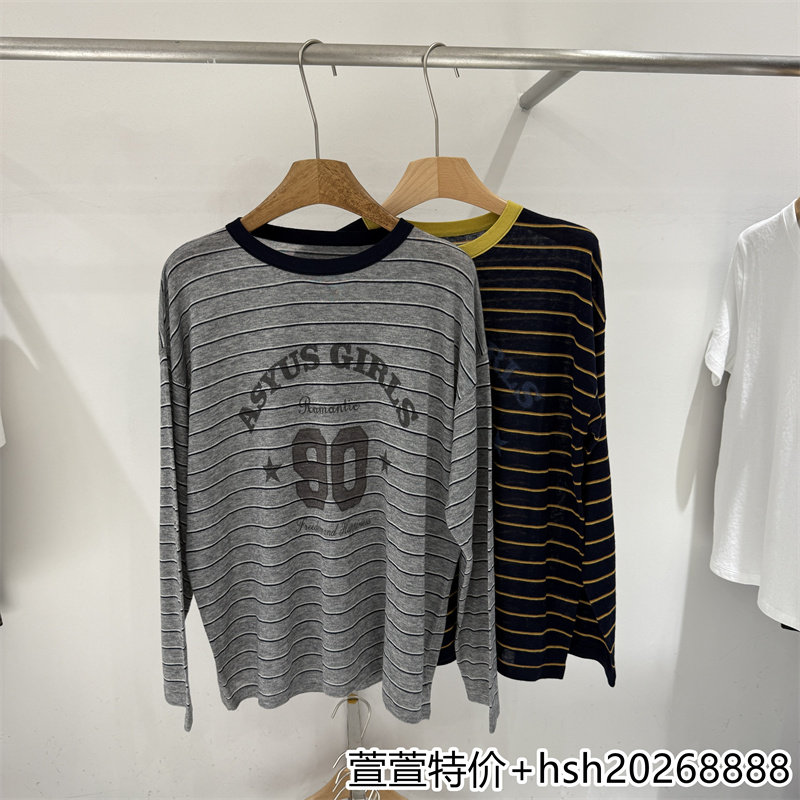 欧洲站2026早秋新款休闲百搭圆领宽松图案印花条纹柔软打底衫T恤