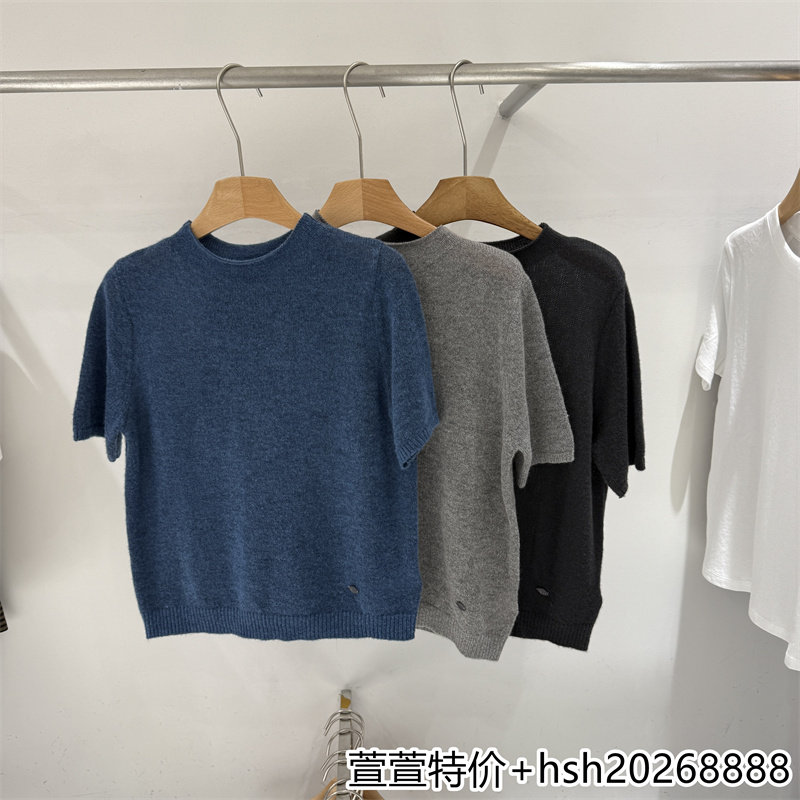 欧洲站2026早秋新款时尚百搭卷边圆领宽松显瘦短袖绵羊毛针织短袖