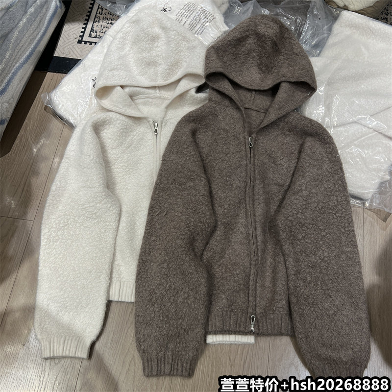 欧洲站2026冬季新款时尚百搭连帽纯色开衫纯色套头棉羊毛毛衣外套