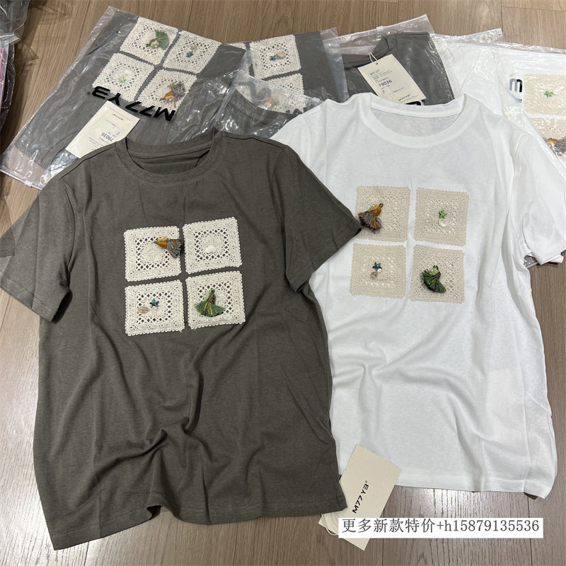 欧洲站2026春季新款蕾丝花朵刺绣圆领短袖T恤百搭设计感休闲上衣
