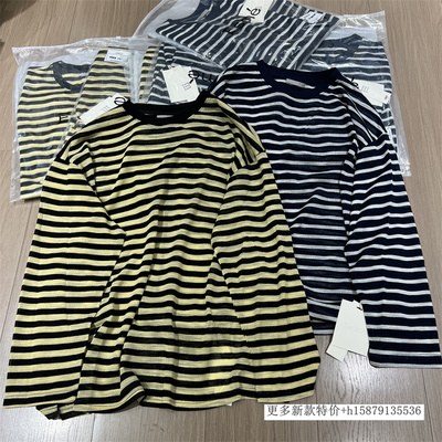 欧洲站2026春季新款撞色条纹慵懒风圆领长袖T恤防晒宽松大码上衣