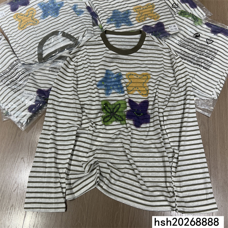 欧洲站通勤风撞色圆领条纹长袖五角星笑脸印花钉珠防晒T恤上衣女