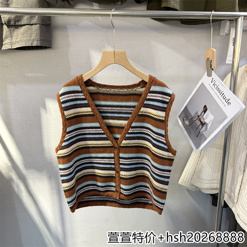 欧洲站2026秋季新款拼色条纹柔软V领无袖羊毛针织开衫马甲上衣女