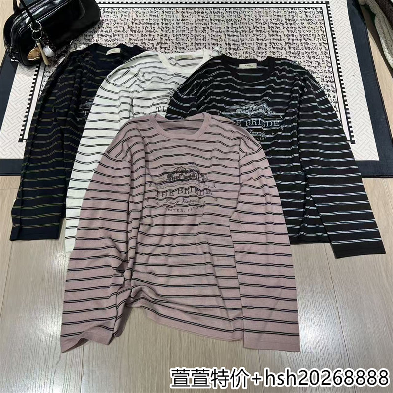欧洲站2026早秋新款简约百搭圆领简约细条纹图案印花舒适T恤上衣