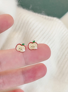 新款防过敏可爱树脂红色小苹果耳钉女生物瓷针小巧甜美少女耳饰
