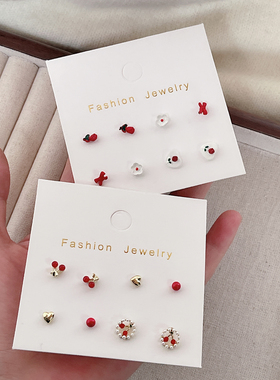 可爱红色樱桃银针耳钉套装小众设计甜美少女小巧耳饰女2024年新款
