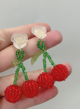 红色樱桃串珠耳环小众设计甜美耳饰耳钉925银针长款气质耳坠耳夹