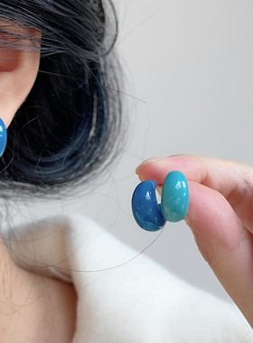 小清新蓝色系耳钉小众设计简约耳环日常百搭C字银针2025新款耳饰