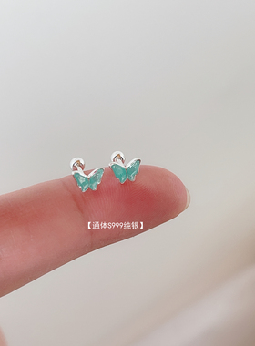 简约小清新湖绿色蝴蝶耳钉S999纯银养耳洞小众设计感耳饰新款耳环