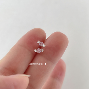 迷你S999纯银糖果粉色锆石耳钉精致养耳洞耳环耳饰甜蜜小清新耳饰