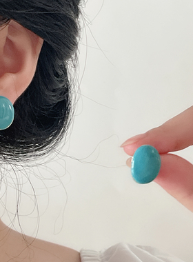 复古蓝色椭圆耳钉女小众设计感高级气质百搭简约小巧精致耳环显白