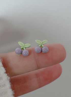 春日新款紫色小樱桃耳钉甜美少女小巧耳环女2024年小众设计感耳饰