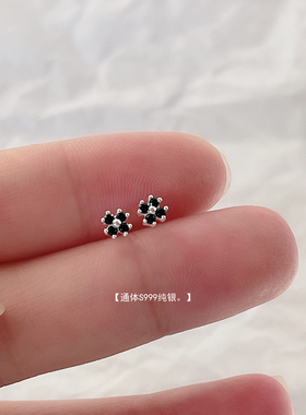 小小四叶草s999纯银黑色锆石迷你小耳钉女简约小巧精致养耳洞耳饰