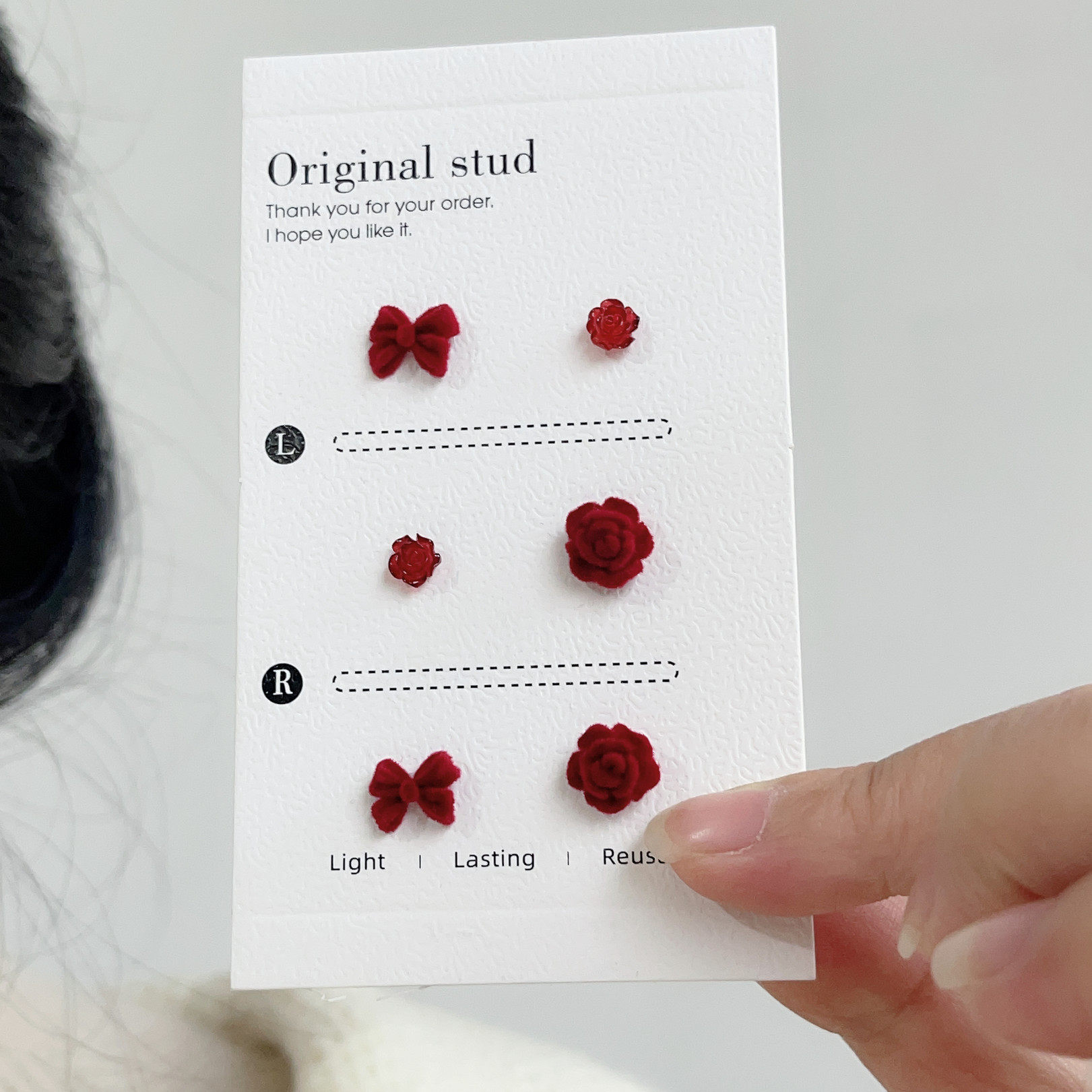 新款酒红色蝴蝶结玫瑰花耳钉套装防过敏生物瓷针养耳学生小巧耳饰