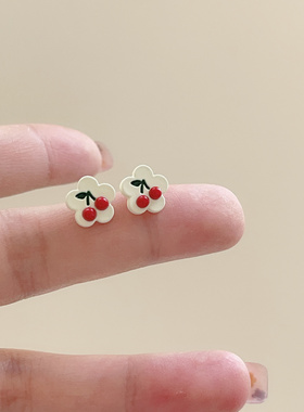 可爱红色小樱桃耳钉女可爱甜美小巧少女心软妹气质耳环耳饰新款