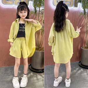 女童衬衫防晒衣三件套2024夏季款儿童高级感翻领衬衣短裤气质套装