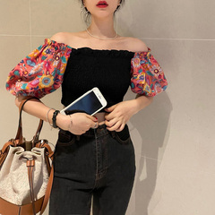 Real price Korean chic flower bubble sleeve pleated one neck jacket