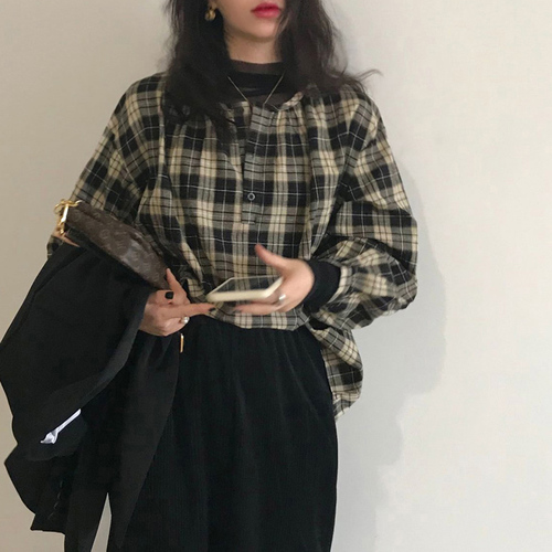 Real shot real price Korean retro simple mix and match loose button round neck Plaid Shirt Top