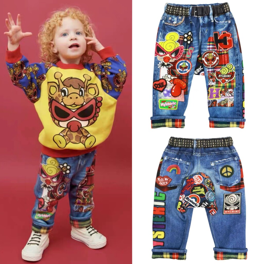 24春秋潮牌儿童男女宝宝童装奶嘴涂鸦火神娃娃纯棉毛圈仿牛仔裤