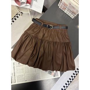 十三行秋季 ins半身裙高腰蓬蓬花苞裙防走光a字蛋白pu皮裙 新款 韩版