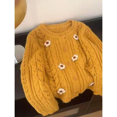 韩系显白橘色缕空钩花毛衣外套女软糯宽松慵懒风短款羊毛针织开衫