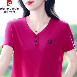 皮尔卡丹短袖t恤女士2026新款夏季薄款V领中年休闲上衣妈妈装体恤