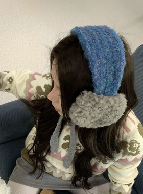 韩系ins蓝灰色系带耳罩女冬季加厚保暖羊羔绒护耳捂户外骑行耳包