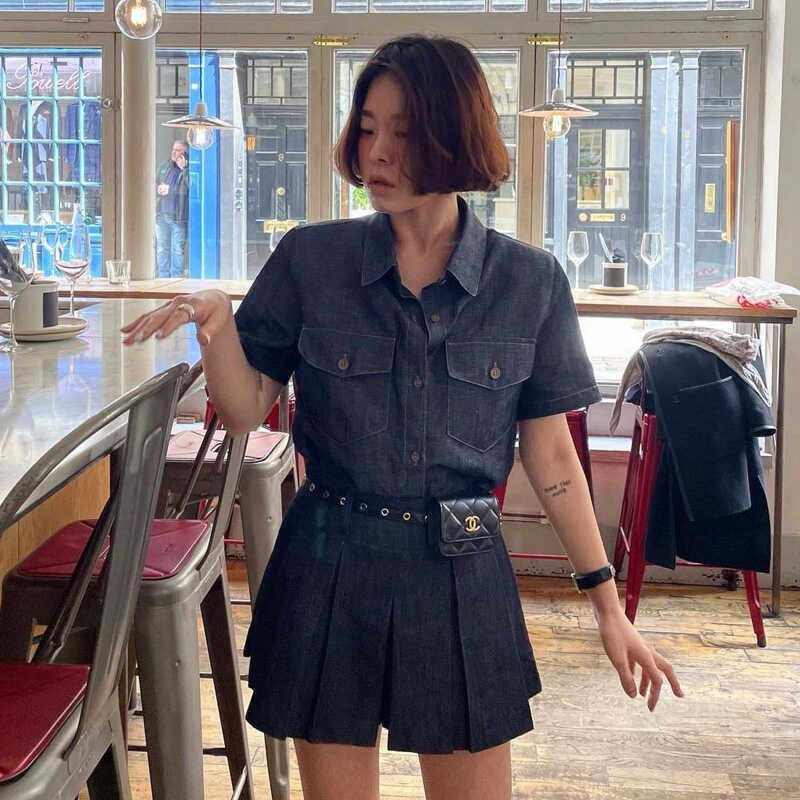 短袖麻衬衫工装宽松系扣