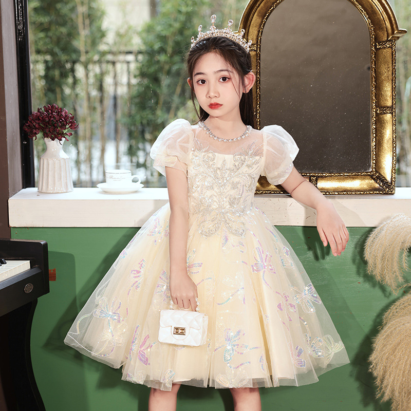 儿童礼服主持人花童公主裙洋气女童钢琴演出服走秀香槟色短款婚礼