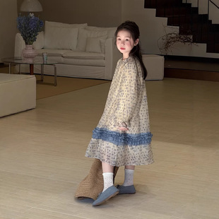 末小蒙童裙2026春款女宝宝韩版拼接花边森系长款泡泡袖儿童连衣裙