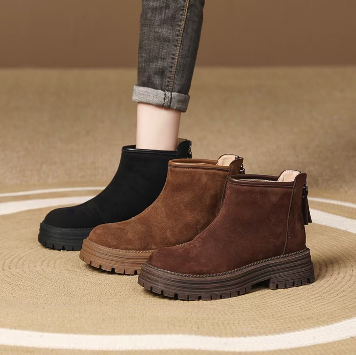 厚底短靴2024冬季新款时尚复古加绒保暖百搭软底磨砂皮女靴716