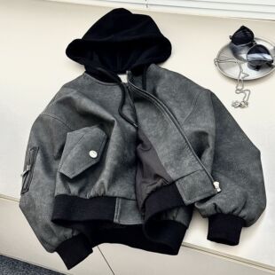 男童外套儿童秋季韩版2026新款潮酷连帽皮衣童装机车上衣个性