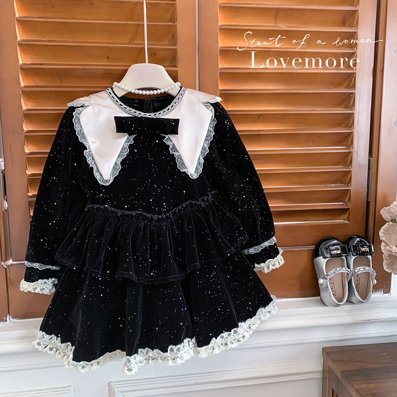 女童红色闪闪丝绒连衣裙2026秋冬新款韩版女孩加厚加绒新年公主裙