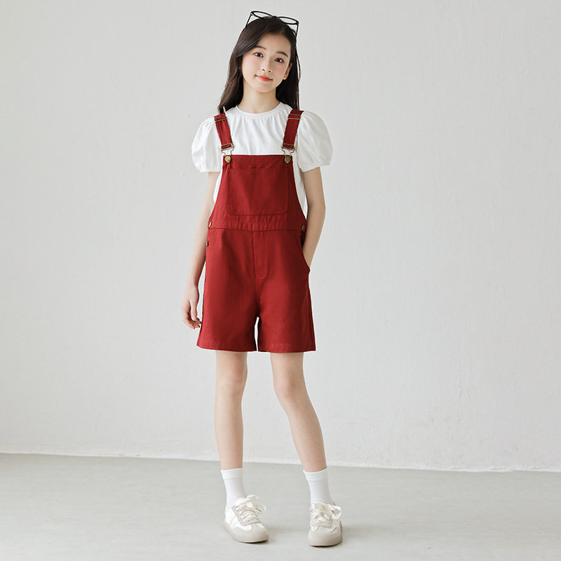 女童背带裤红色夏季休闲中大童背带短裤潮酷童裤学生俏皮表演裤