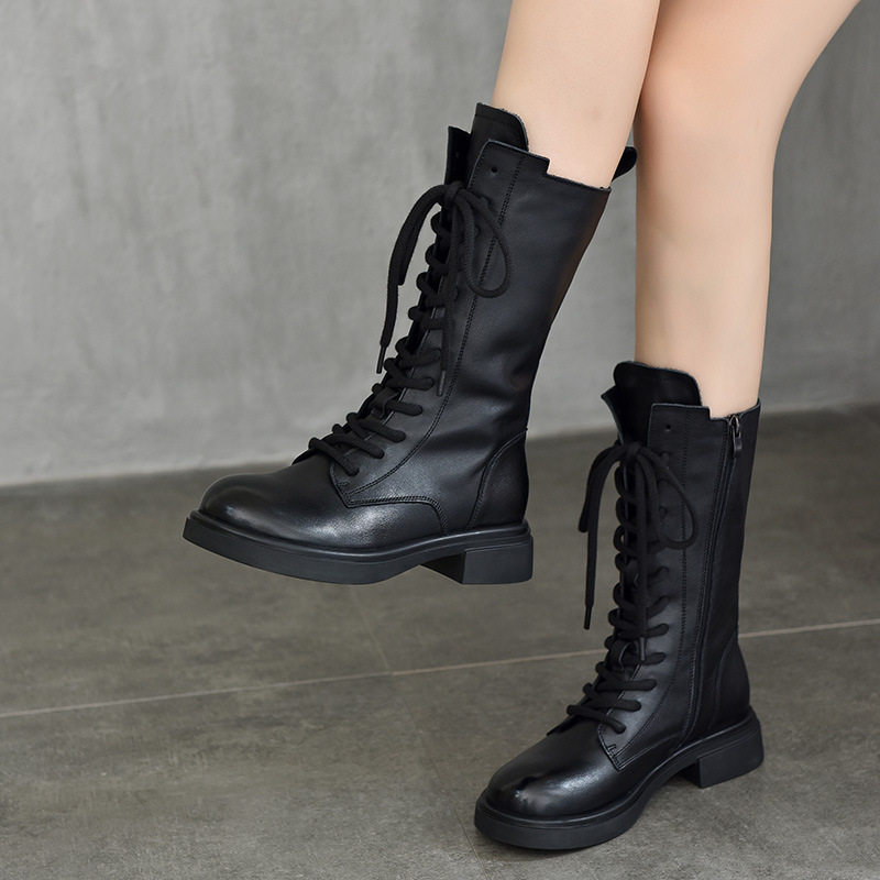 头层牛皮中筒靴女靴2025秋冬新款加绒棉靴中跟英伦马丁靴真皮高靴