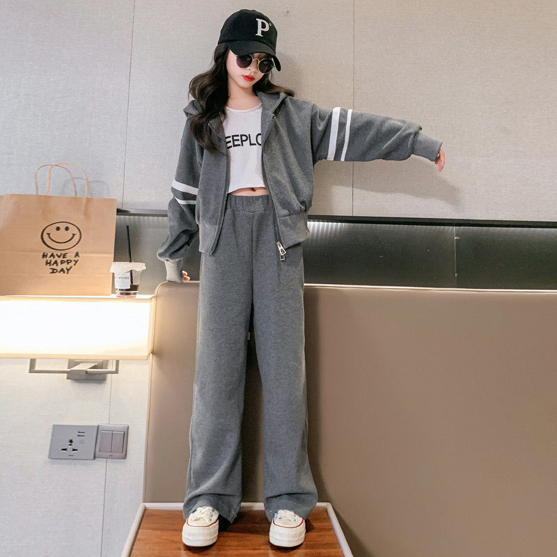 女大童拉条连帽套装春装2026新款洋气女孩运动卫衣阔腿裤两件套