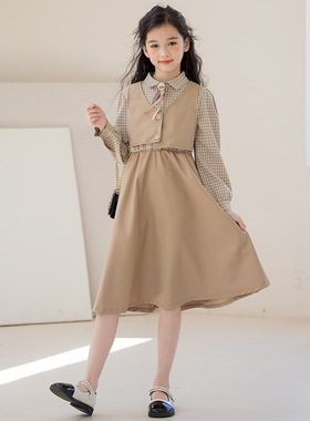 亲子装女童假两件连衣裙千鸟格女孩衣服2026秋款学院风中大童女装