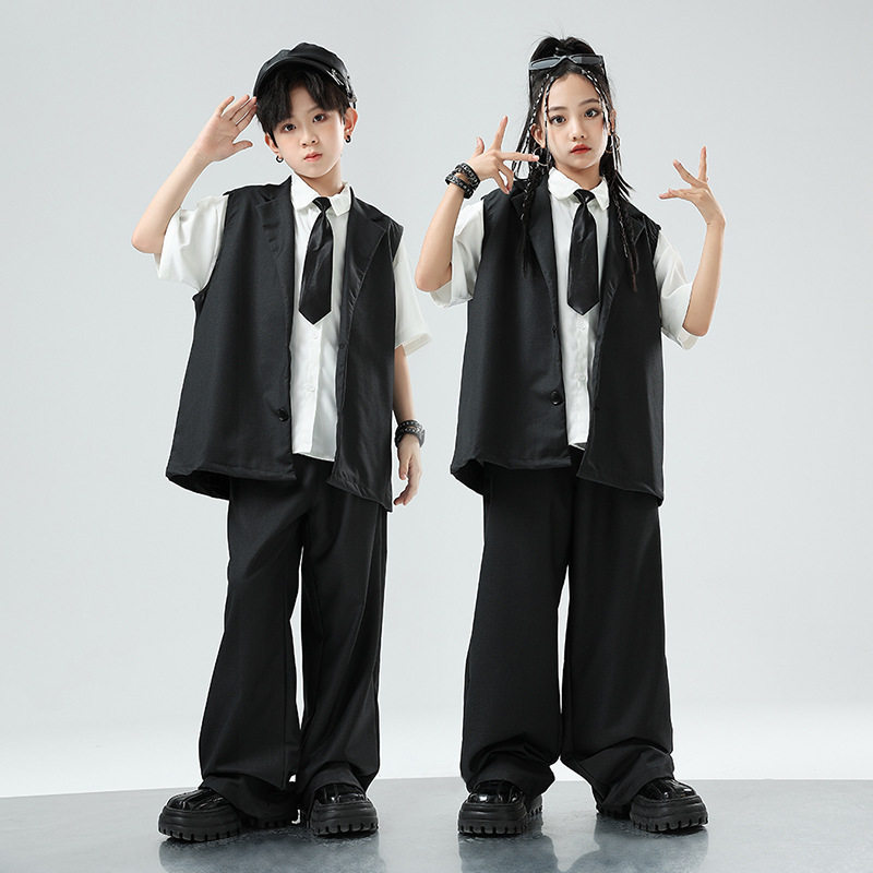 街舞儿童潮服演出服男童套装hiphop童装嘻哈女爵士舞西装马甲走秀