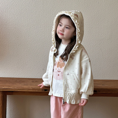 女童外套春秋季2025新款儿童秋款碎花连帽卫衣女宝宝秋装上衣