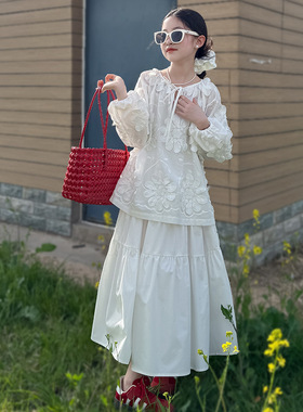 QZ3424韩版新款女大童亲子装白色拼接半身裙甜美风出游款田园
