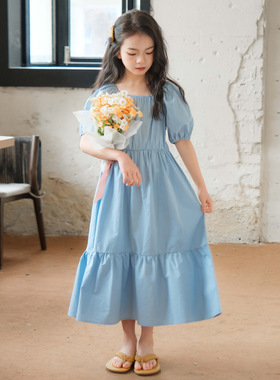 显瘦公主2025年夏季小清新宽松海滩长裙浅蓝色亲子裙连衣裙