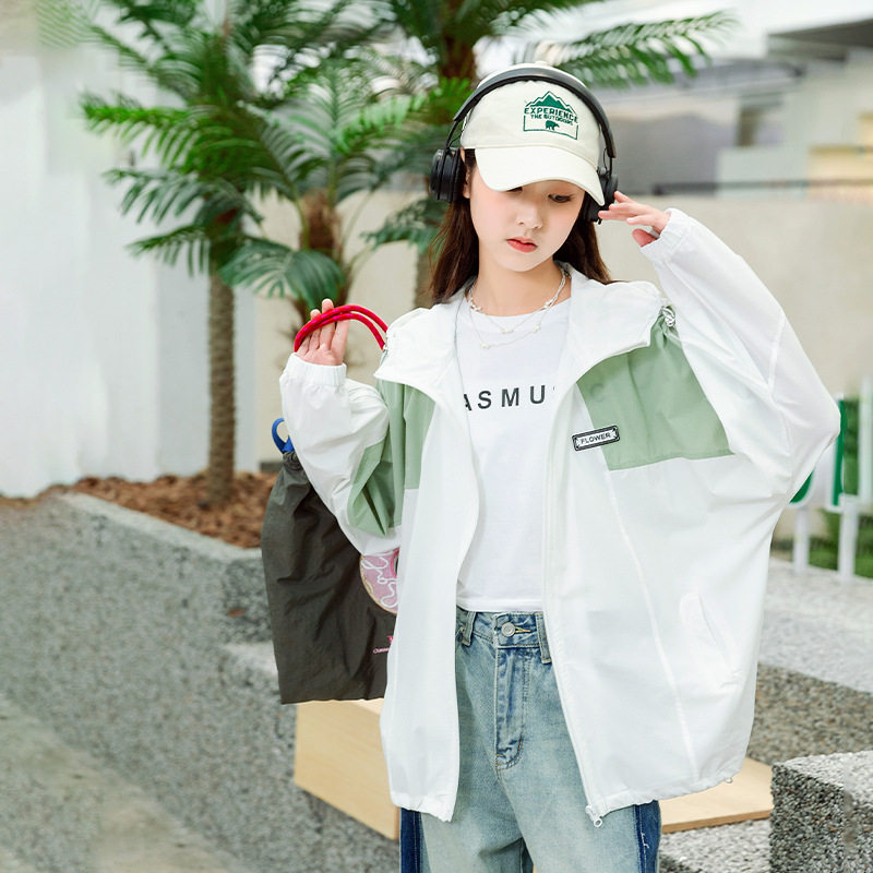 B9女童防晒衣儿童休闲服夏季外套中大童透气长款连帽上衣薄款童装