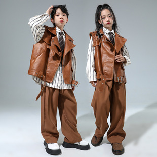 街舞儿童潮服皮衣套装男童嘻哈破洞牛仔裤演出服女童炸街表演服装