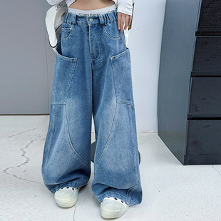 女童工装牛仔裤2026新款韩版裤子高腰秋款休闲宽松直筒女孩