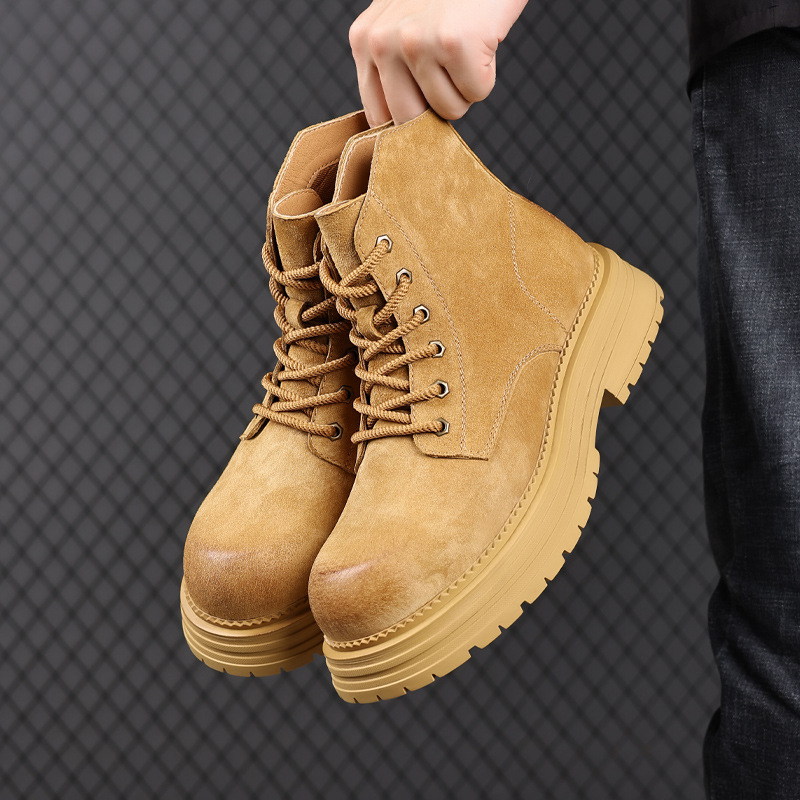 2024厚底马丁靴大黄靴猪皮透气面料系带百搭款宽头舒适中帮男鞋