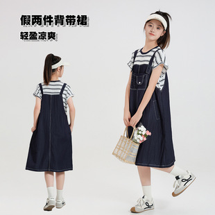 B9女大童连衣裙夏季2025新款女孩初中生青少年假两件轻薄显瘦裙子