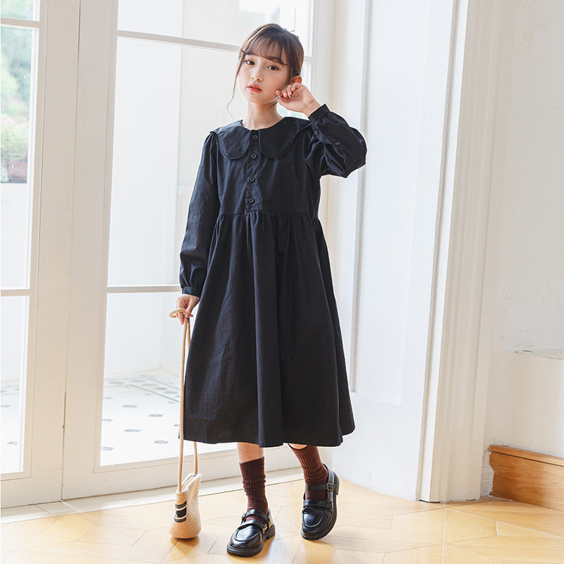 黑色翻领女童连衣裙2026秋季中大童长袖童裙简约中长收腰裙韩版